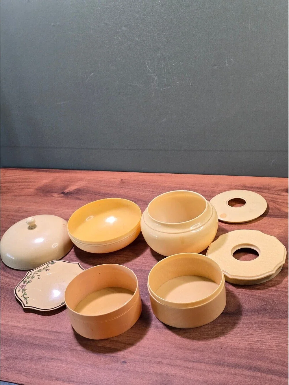 Vintage Set of Four Beige Plastic Decorative Storage Containers with Lids